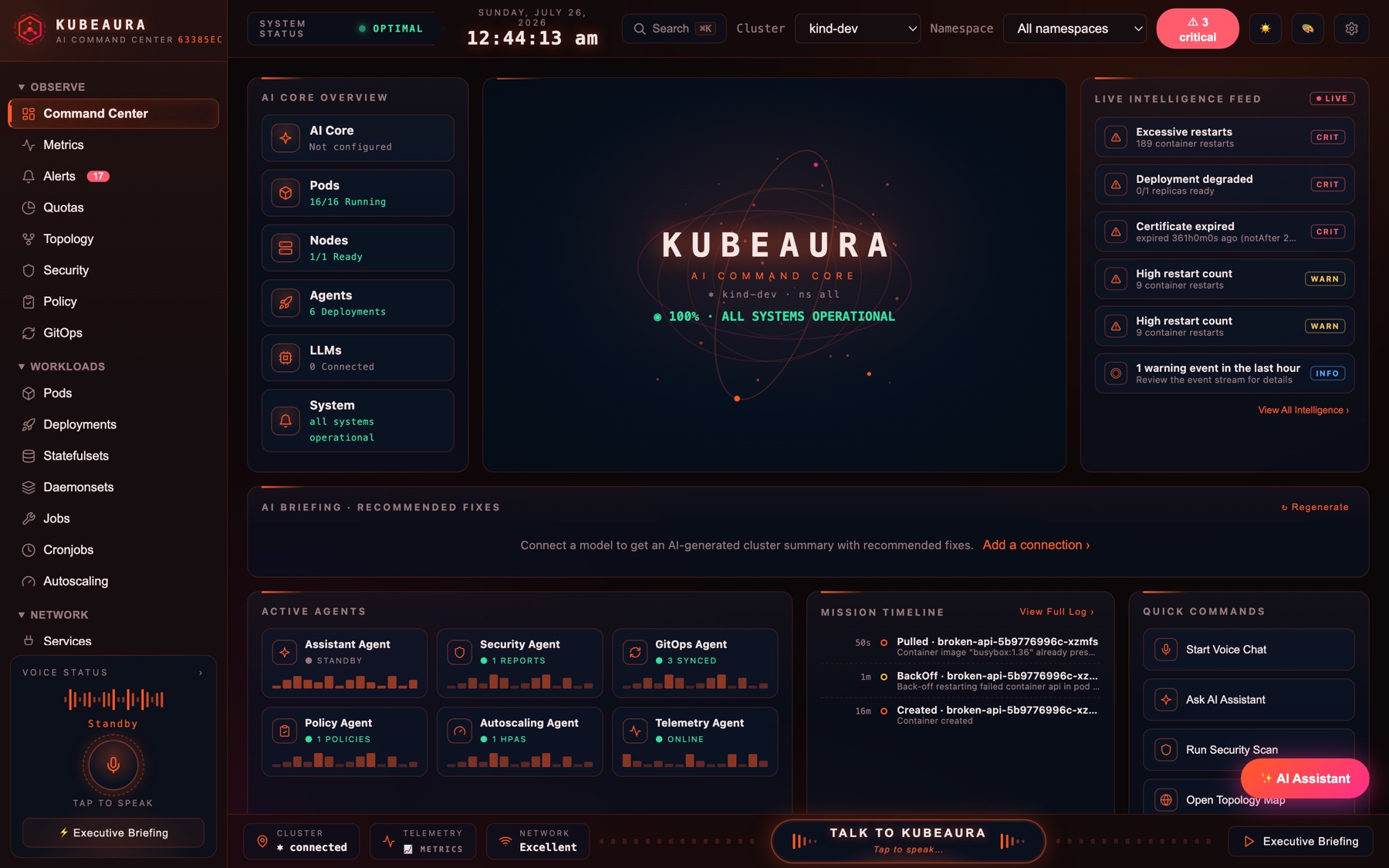 KubeAura command center showing cluster health, a live intelligence feed of critical and warning alerts, and running agents